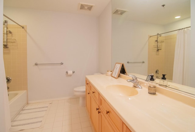 full bathroom with toilet, shower / bath combo, vanity, and tile patterned floors