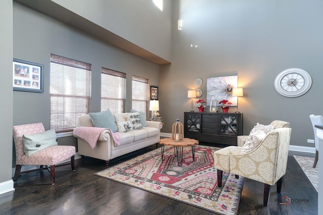 living room featuring a towering ceiling and dark hardwood / wood-style floors