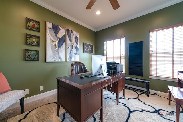 office with ceiling fan, ornamental molding, and light colored carpet