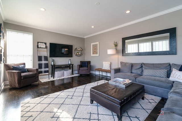 living room featuring crown molding and dark wood-type flooring