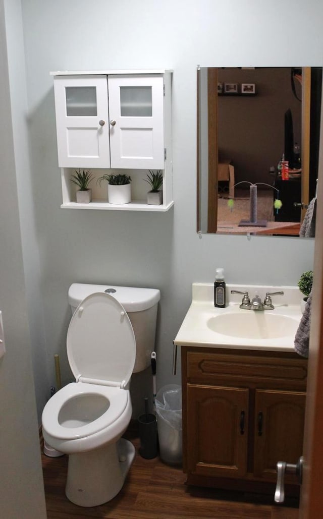 bathroom featuring vanity, toilet, and wood-type flooring