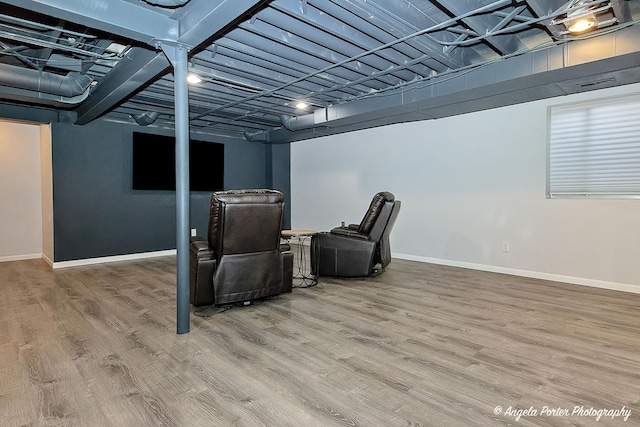 basement with hardwood / wood-style floors