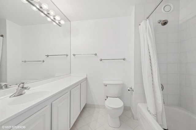 full bathroom with tile patterned flooring, vanity, toilet, and shower / bath combo with shower curtain