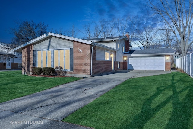 view of side of home featuring a yard and a garage