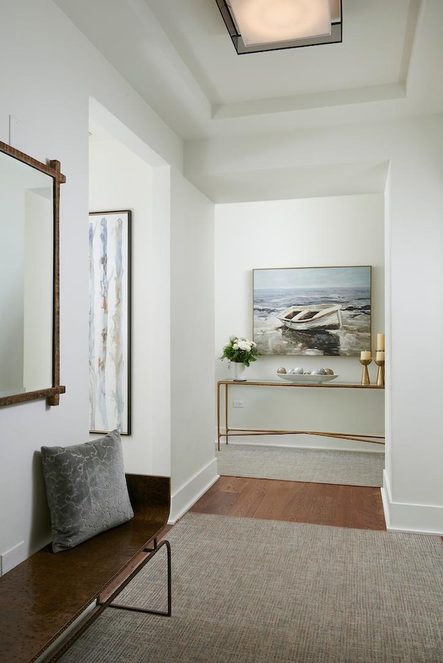 hallway with hardwood / wood-style flooring and a tray ceiling