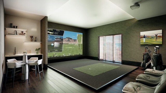 playroom with golf simulator and wood-type flooring