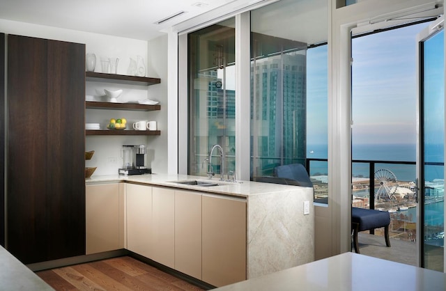 bar featuring a sink, expansive windows, a water view, and wood finished floors