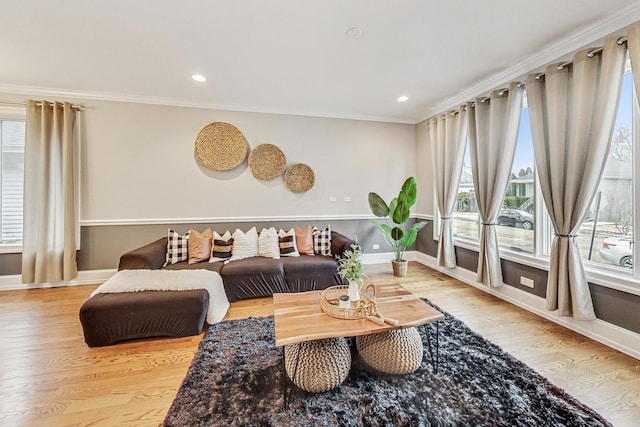 living room with light hardwood / wood-style floors, a wealth of natural light, and ornamental molding