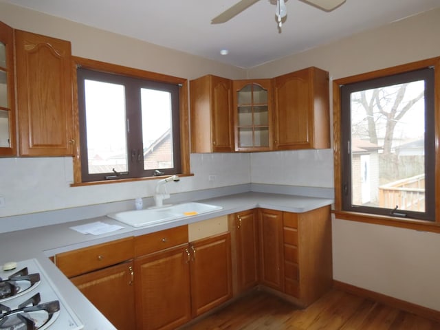 kitchen with gas stovetop, ceiling fan, sink, and light wood-type flooring