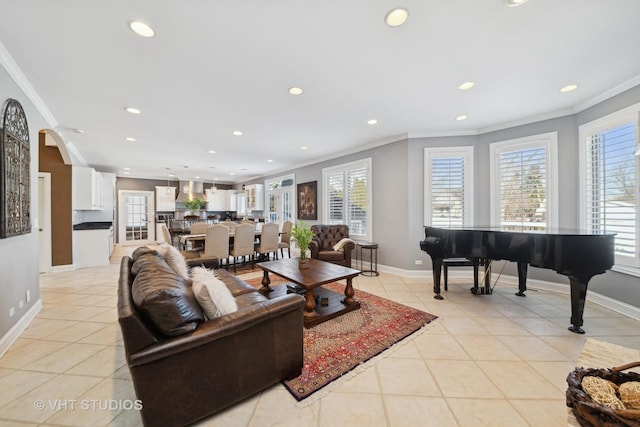 tiled living room with ornamental molding