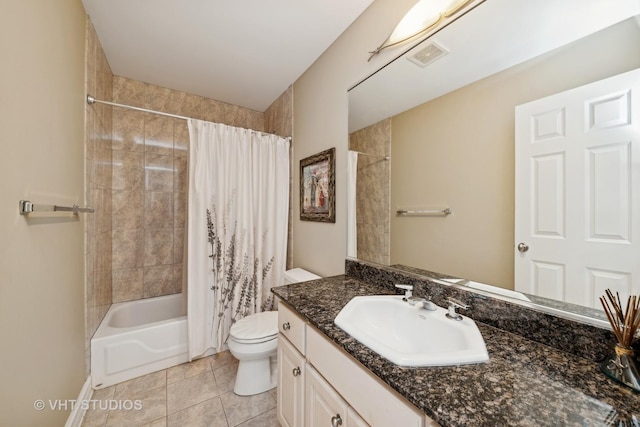 full bathroom with shower / tub combo with curtain, vanity, tile patterned floors, and toilet