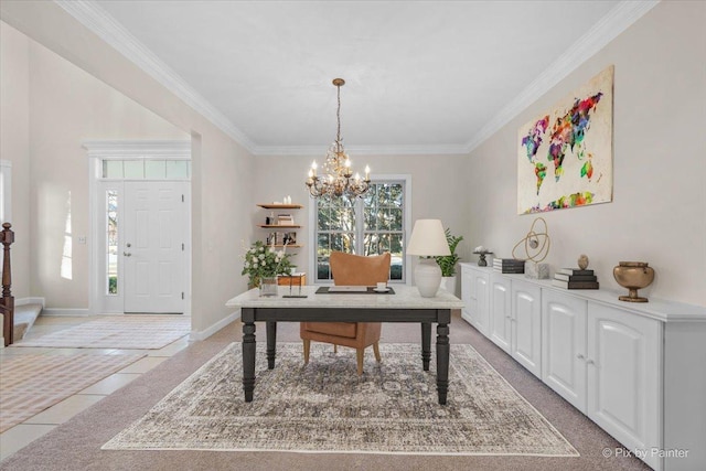 tiled office with a wealth of natural light, ornamental molding, and an inviting chandelier