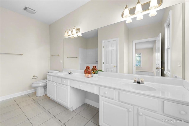 bathroom featuring tile patterned floors, vanity, toilet, and a shower