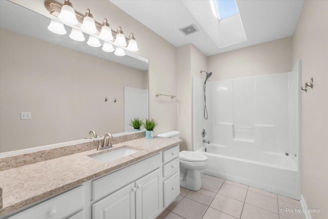 full bathroom featuring vanity, bathing tub / shower combination, a skylight, tile patterned flooring, and toilet