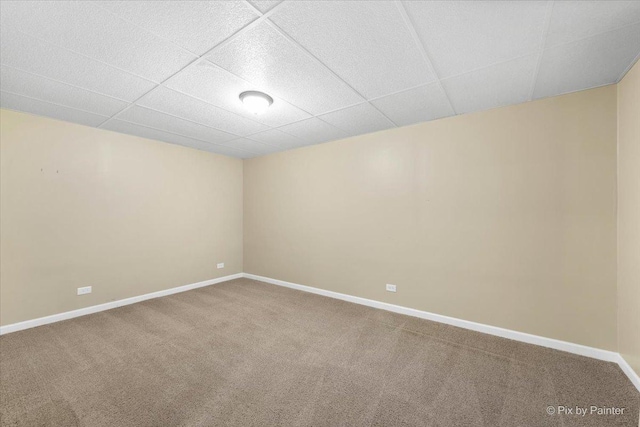 unfurnished room featuring a paneled ceiling and carpet