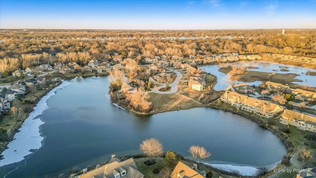 drone / aerial view with a water view