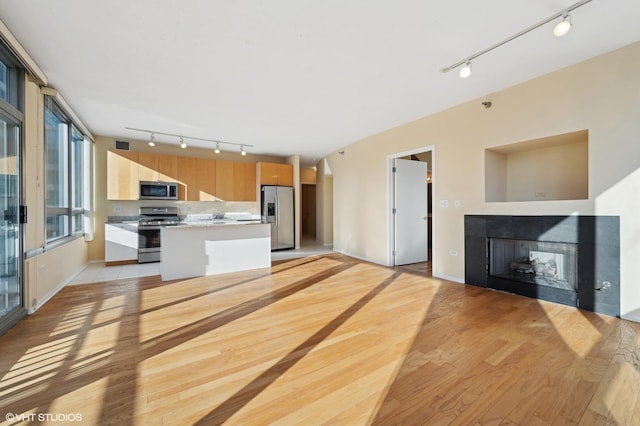 kitchen with appliances with stainless steel finishes and light hardwood / wood-style floors