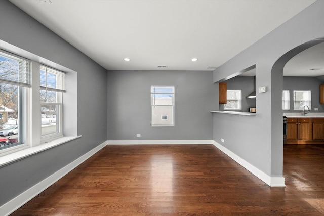 spare room featuring sink, a healthy amount of sunlight, and dark hardwood / wood-style floors