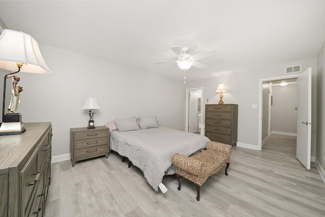 bedroom with light wood-type flooring and ceiling fan