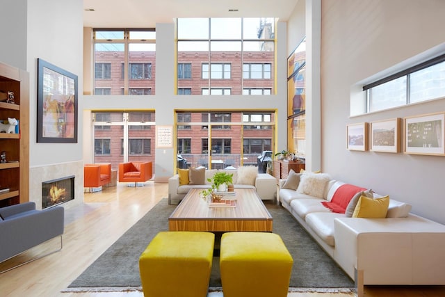 living room with hardwood / wood-style floors and a high ceiling