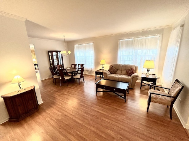 living room with crown molding, a chandelier, and hardwood / wood-style flooring