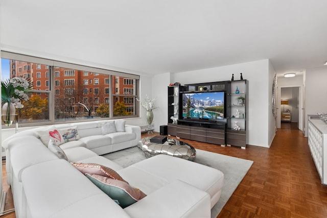 living room with dark parquet flooring