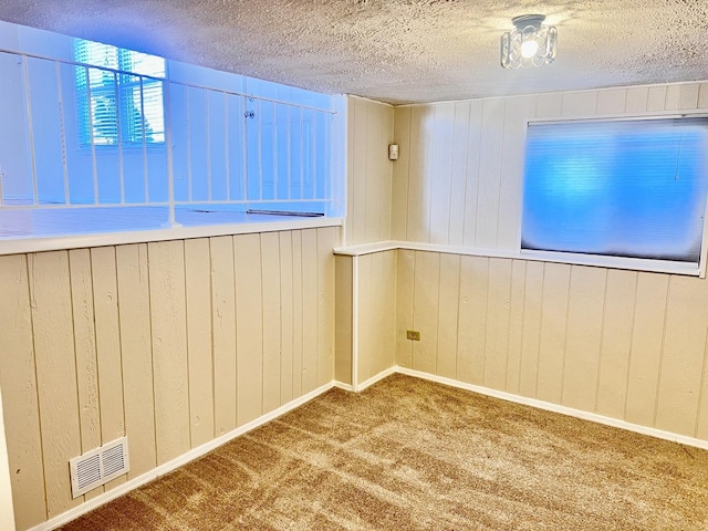 empty room featuring carpet, a textured ceiling, and wooden walls