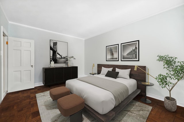 bedroom with dark parquet flooring