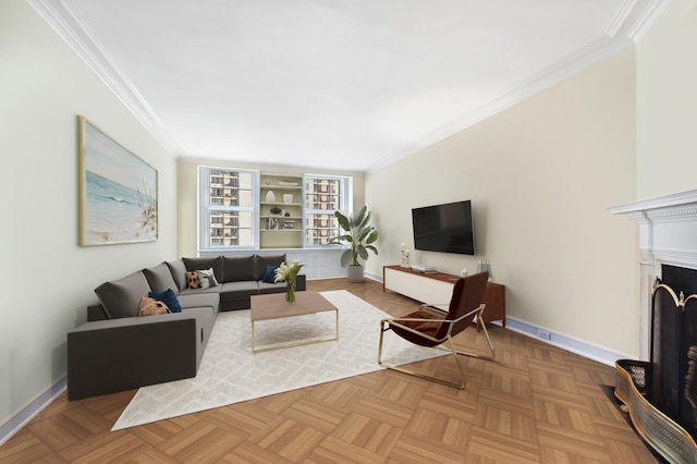 living room with ornamental molding and light parquet floors