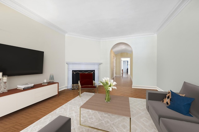 living room featuring crown molding and parquet floors