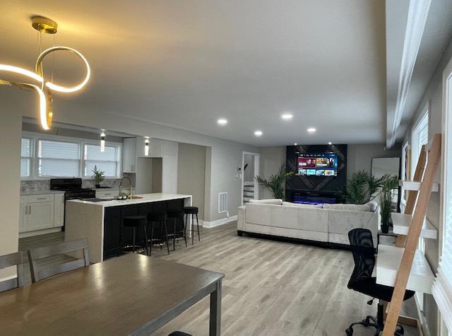 living room featuring sink and light hardwood / wood-style floors