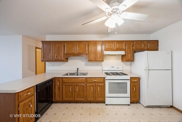 kitchen with kitchen peninsula, ceiling fan, white appliances, and sink