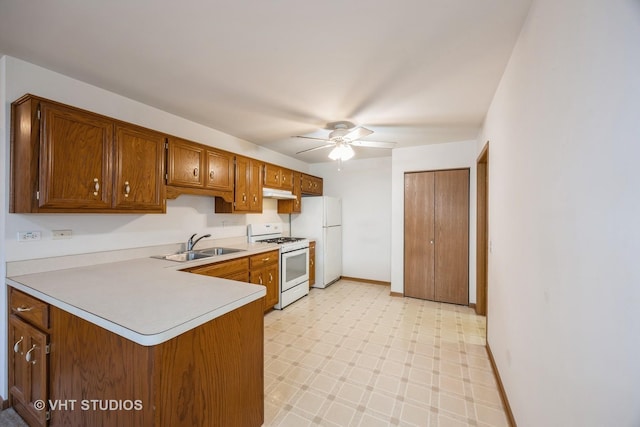 kitchen with ceiling fan, sink, white appliances, and kitchen peninsula