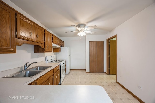 kitchen featuring ceiling fan, sink, and white range with gas stovetop