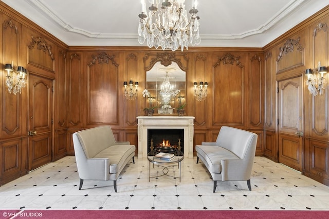 1540 N Lake Shore Dr Unit 8N, Chicago, IL 60610 - sitting room with a chandelier, light floors, crown molding, and a lit fireplace