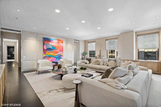 1540 N Lake Shore Dr Unit 8N, Chicago, IL 60610 - living area with wood finished floors, ornamental molding, and recessed lighting