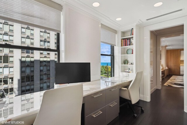 1540 N Lake Shore Dr Unit 8N, Chicago, IL 60610 - office area featuring ornamental molding, built in study area, dark wood finished floors, recessed lighting, and built in shelves