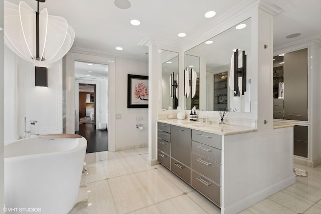 1540 N Lake Shore Dr Unit 8N, Chicago, IL 60610 - full bath with vanity, a soaking tub, crown molding, recessed lighting, and tile patterned floors