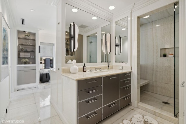 1540 N Lake Shore Dr Unit 8N, Chicago, IL 60610 - bathroom featuring ornamental molding, vanity, walk in shower, tile patterned floors, and recessed lighting