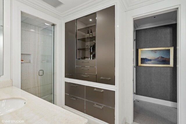 1540 N Lake Shore Dr Unit 8N, Chicago, IL 60610 - bathroom with crown molding, a stall shower, and vanity
