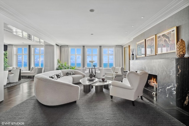 1540 N Lake Shore Dr Unit 8N, Chicago, IL 60610 - living area with a premium fireplace, crown molding, a water view, and wood finished floors
