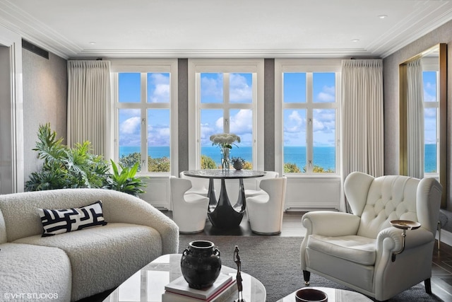 1540 N Lake Shore Dr Unit 8N, Chicago, IL 60610 - living room featuring crown molding, a water view, plenty of natural light, and wood finished floors