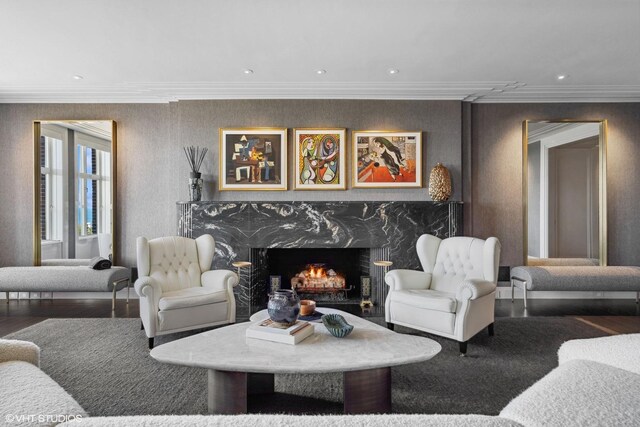 1540 N Lake Shore Dr Unit 8N, Chicago, IL 60610 - living area with crown molding, a premium fireplace, recessed lighting, and wood finished floors