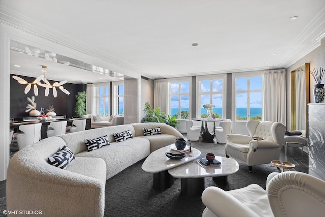 1540 N Lake Shore Dr Unit 8N, Chicago, IL 60610 - living room featuring crown molding, a chandelier, and a water view