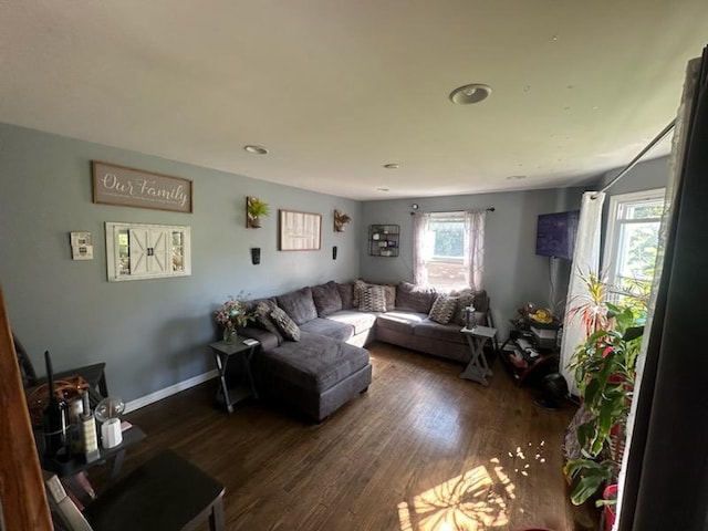 living room with dark hardwood / wood-style floors