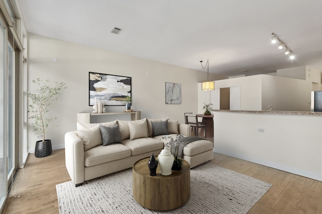 living room featuring rail lighting, light hardwood / wood-style flooring, and a wealth of natural light