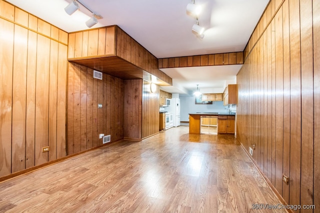 interior space featuring wood walls, light hardwood / wood-style flooring, and rail lighting