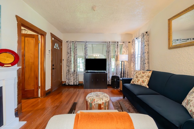 living room with hardwood / wood-style floors and a textured ceiling