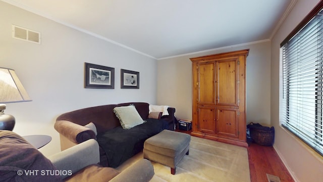 living room featuring a wealth of natural light, visible vents, and ornamental molding