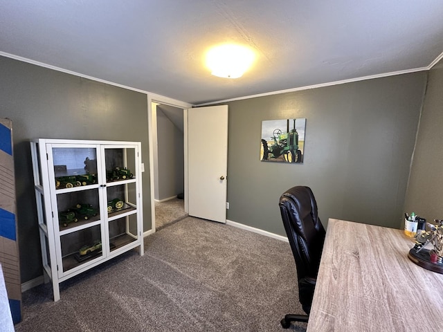 home office featuring dark carpet and ornamental molding